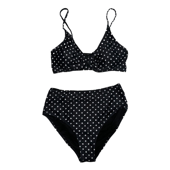 Polka Dot Bikini Set‎ Womens Size Medium Black V Neck Spaghetti Strap High Waist - Picture 1 of 8